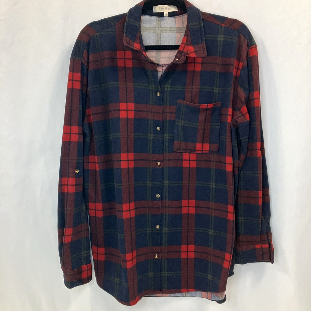 Eden & Olivia Red Black Plaid Flannel Button Up Long Sleeve Pocket Sz L Large